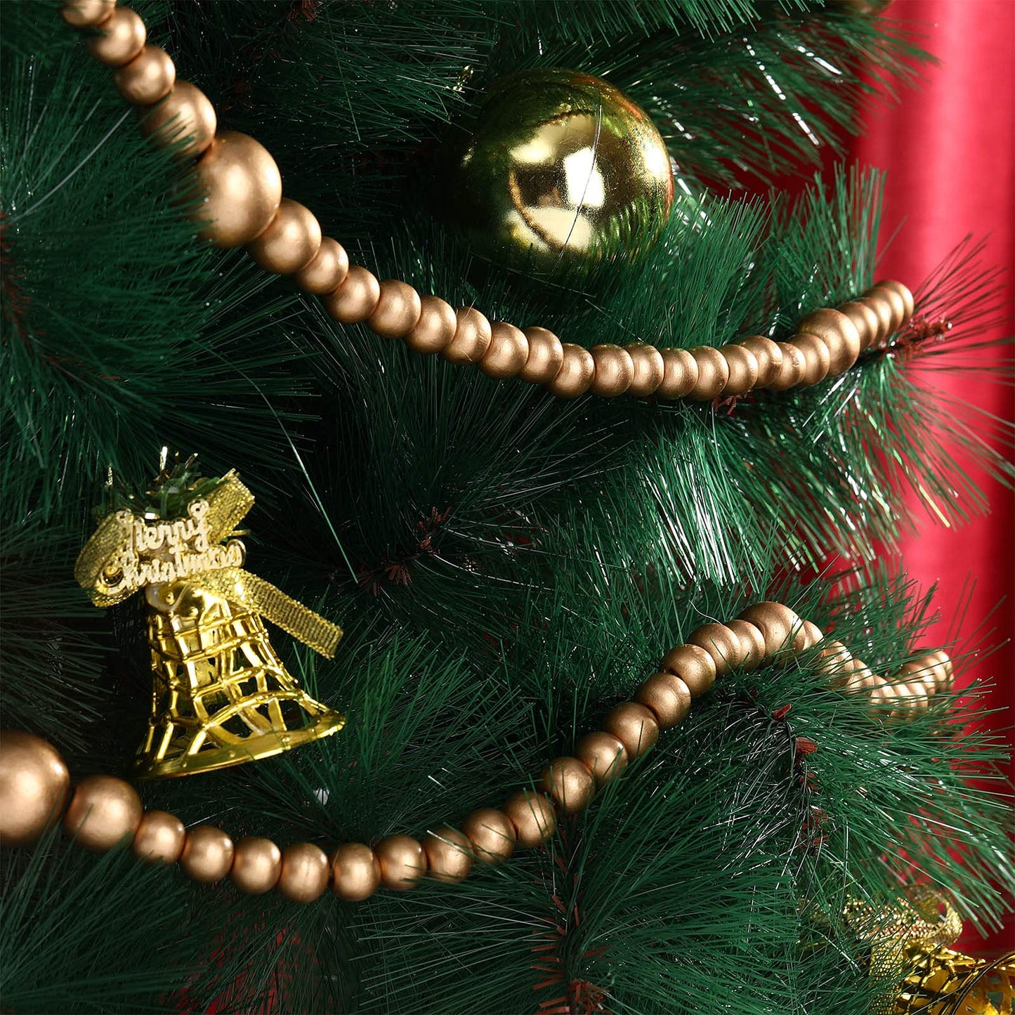 12 Feet Summer Christmas Wooden Beads Garland Round Craft Farmhouse Vintage Christmas in July Wood Bead Garlands for Xmas Supplies(Gold)