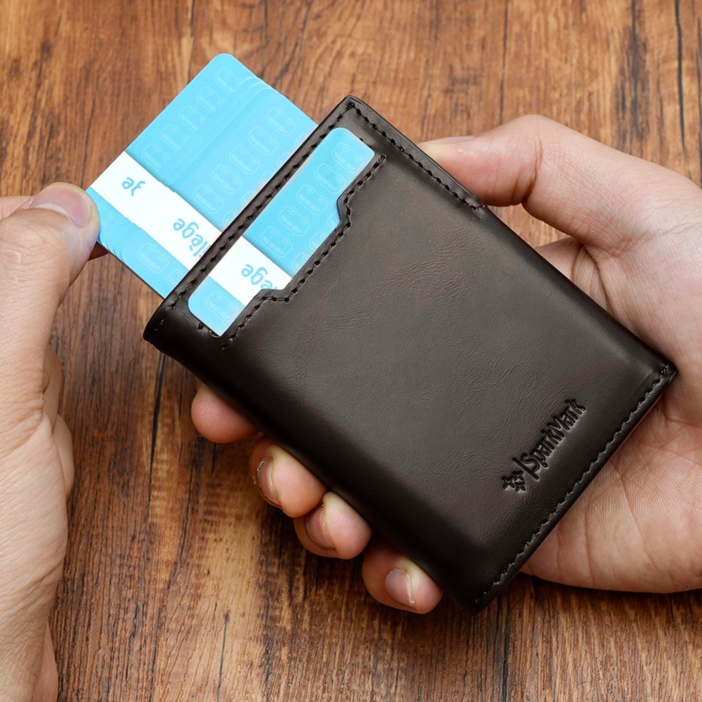 SparkMark Minimalist Pop Up Wallet for Men | RFID Blocking Credit Card Holder Wallet with Money Clip | Mens Wallet Slim Bifold Front Pocket Metal Case with Gift Box (Genuine Full Grain Leather)
