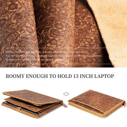 Gexmil Leather Portfolio Organizer for Women Men, Business Padfolio Folder with Zipper, Full Grain Leather,Interview Legal Document File Resume Organizer, A4 Writing Notepad Padfolio, Floral Brown