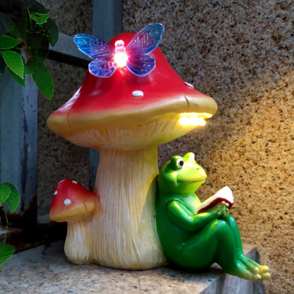 RCTTICUU Solar Frog Mushroom Garden Statues,Statuettes of Resin Frog Mushroom Reading a Book Figurine with LED Solar Lights, Lawn Decor Outdoor Statue for Patio,Balcony,Yard,Lawn Ornament