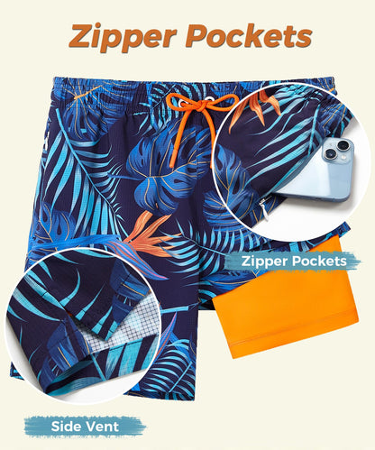 ELETOP Men's Swim Trunks with Compression Liner Bathing Suit Beach Board Shorts with Zipper Pockets Palm Leaf Blue Yellow L
