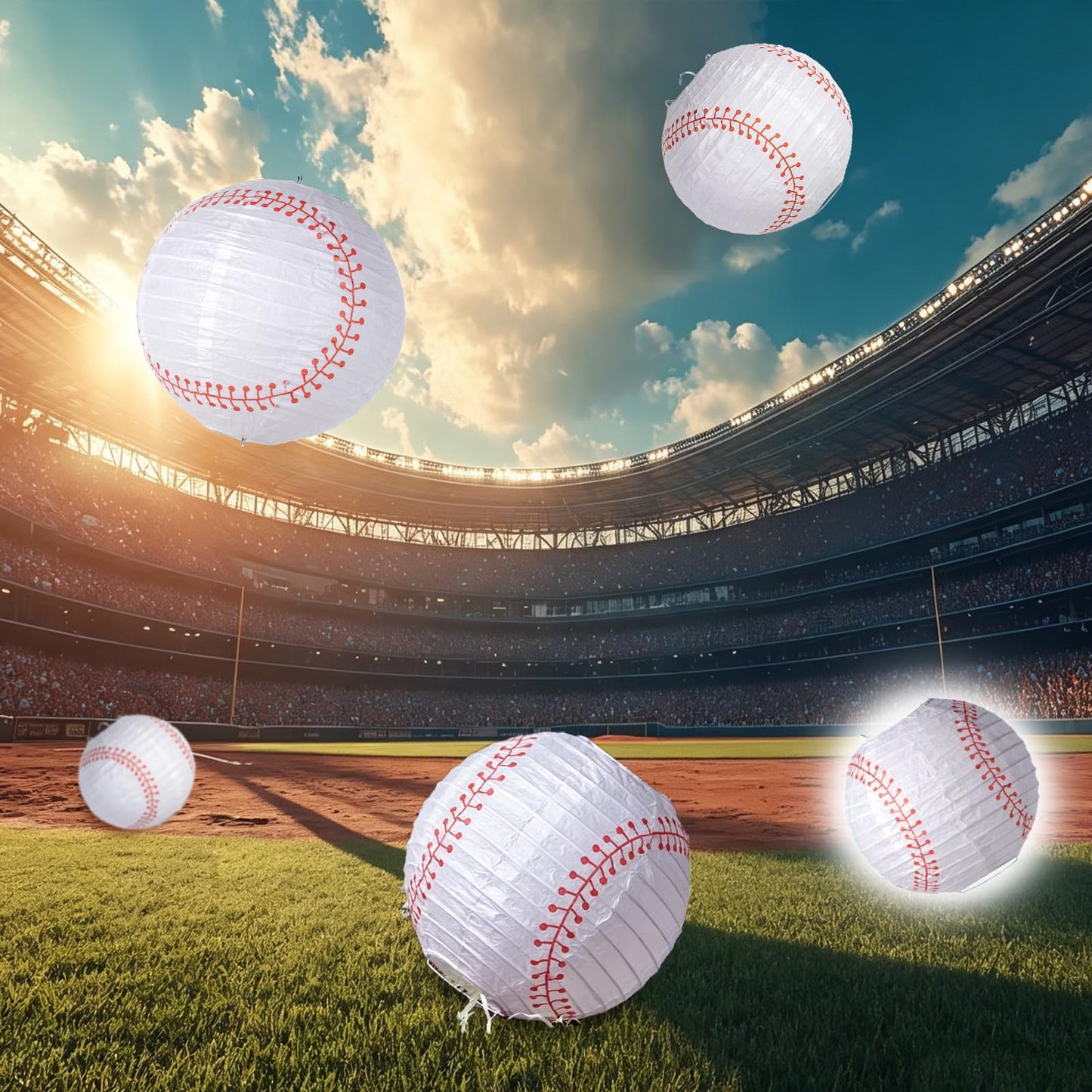 Easy Joy 8'' Baseball Paper Lanterns Sports Team Party Baseball Hanging Lantern Softball Party Decorations 3 Pieces