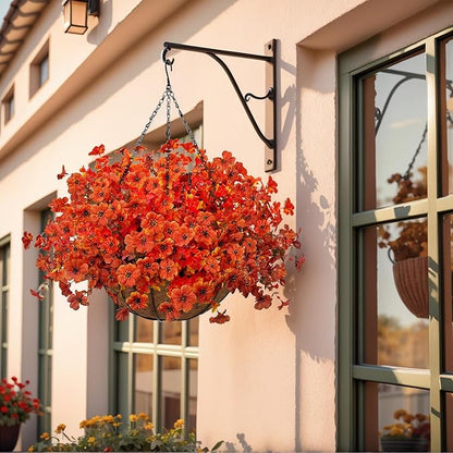 Artificial Fall Flowers with Hanging Baskets Outdoors for Decoration Faux mums for Outdoor planters Fake Mums Artificial Hanging Plants UV Resistant for Autumn Porch Home Patio Decor (Harvest Orange)