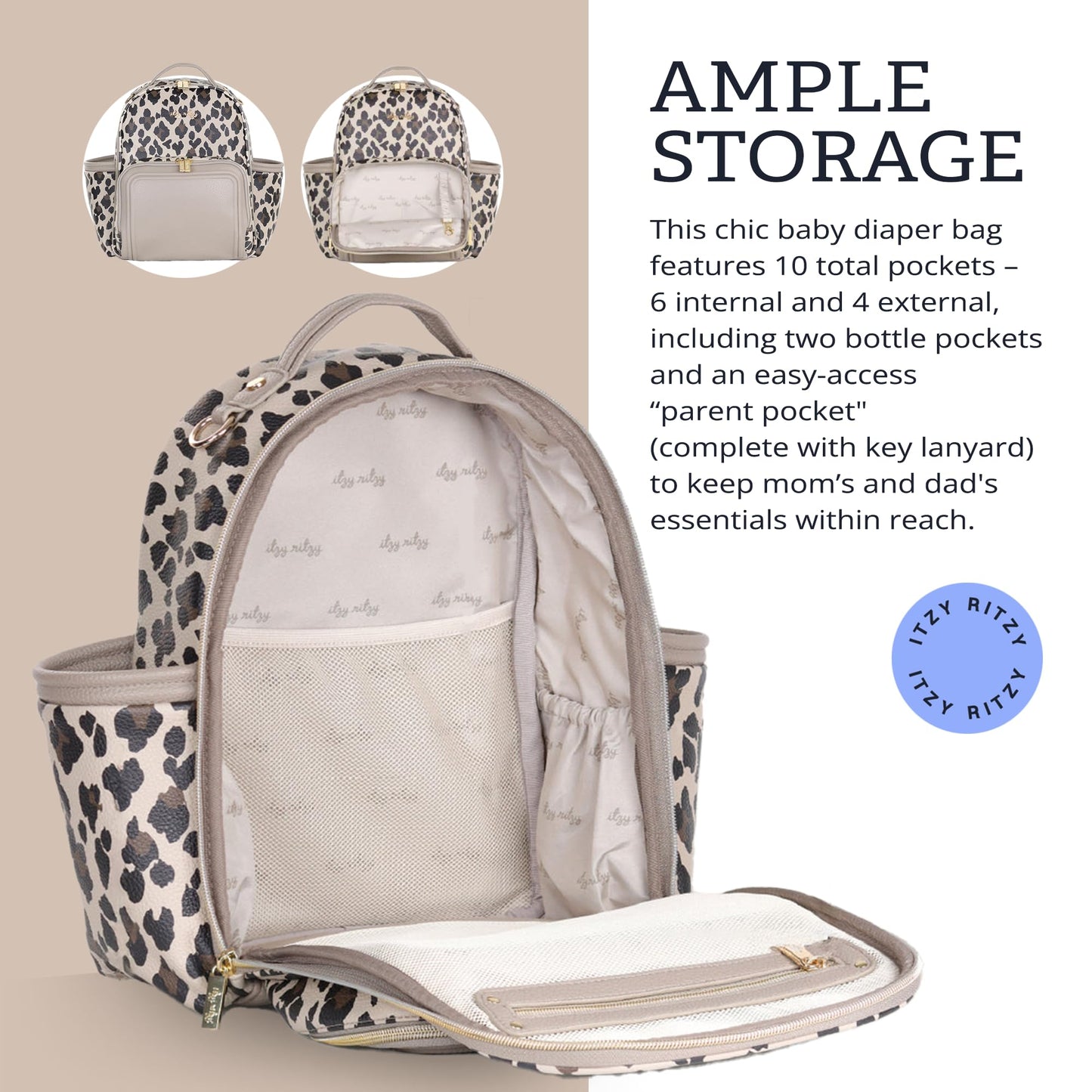 Itzy Ritzy Mini Diaper Bag Backpack – Chic, Compact Mini Plus Backpack with Changing Pad, 10 Pockets (6 Internal, 4 External), Grab-Top Handle & Rubber Feet (Leopard)