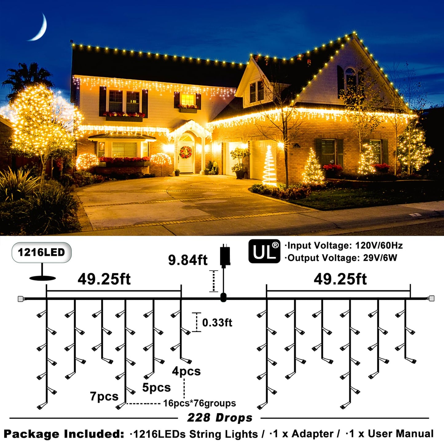 Warm White Christmas Lights Outdoor - 99ft 1216 LED 8 Modes Hanging Dripping Icicle String Lights with 228 Drops, Plug in Waterproof Timer Memory for House Home Holiday Yard Wedding Party Indoor