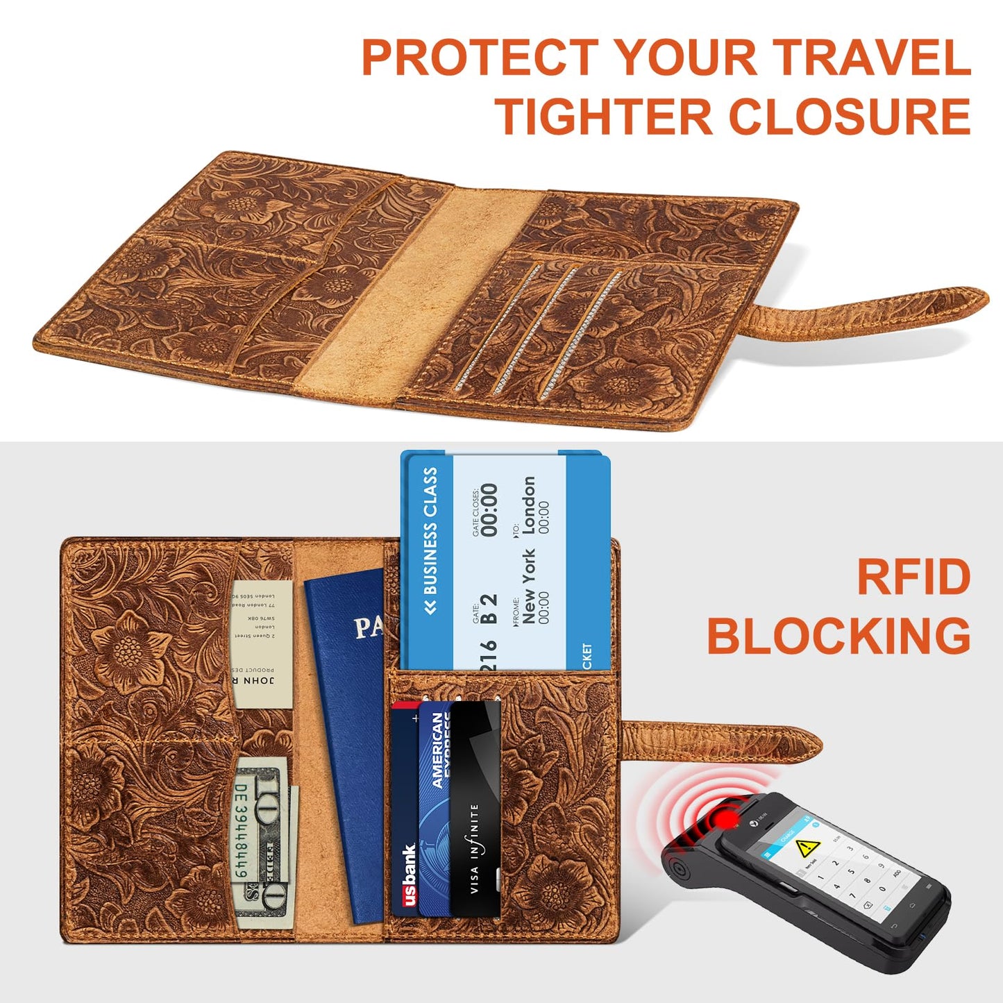 RMAWRAD Genuine Leather Passport Holder Travel Bifold Wallet For Men And Women Slim RFID Blocking Brown