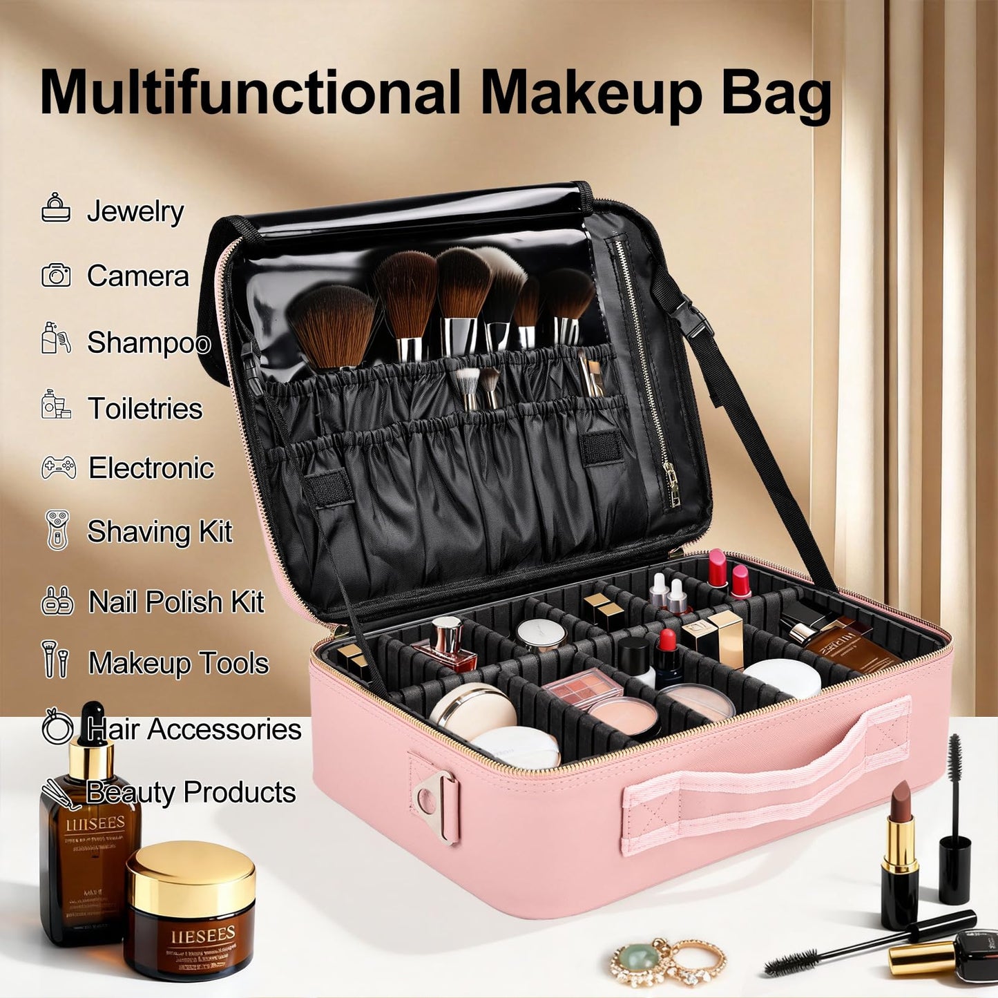 Travel Makeup Bag with Brush Holder, Professional Cosmetic Train Case Organizer, Portable Travel Makeup Brush Carry Case Artist Storage Box with Adjustable Dividers and Shoulder Strap, Leather Pink