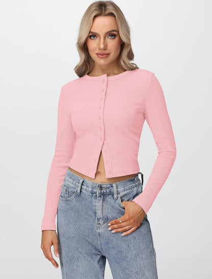 Womens Long Sleeve Tops Fall Lightweight Cardigan Cropped Going Out Shirts Ribbed Button Down Cute Trendy 2025