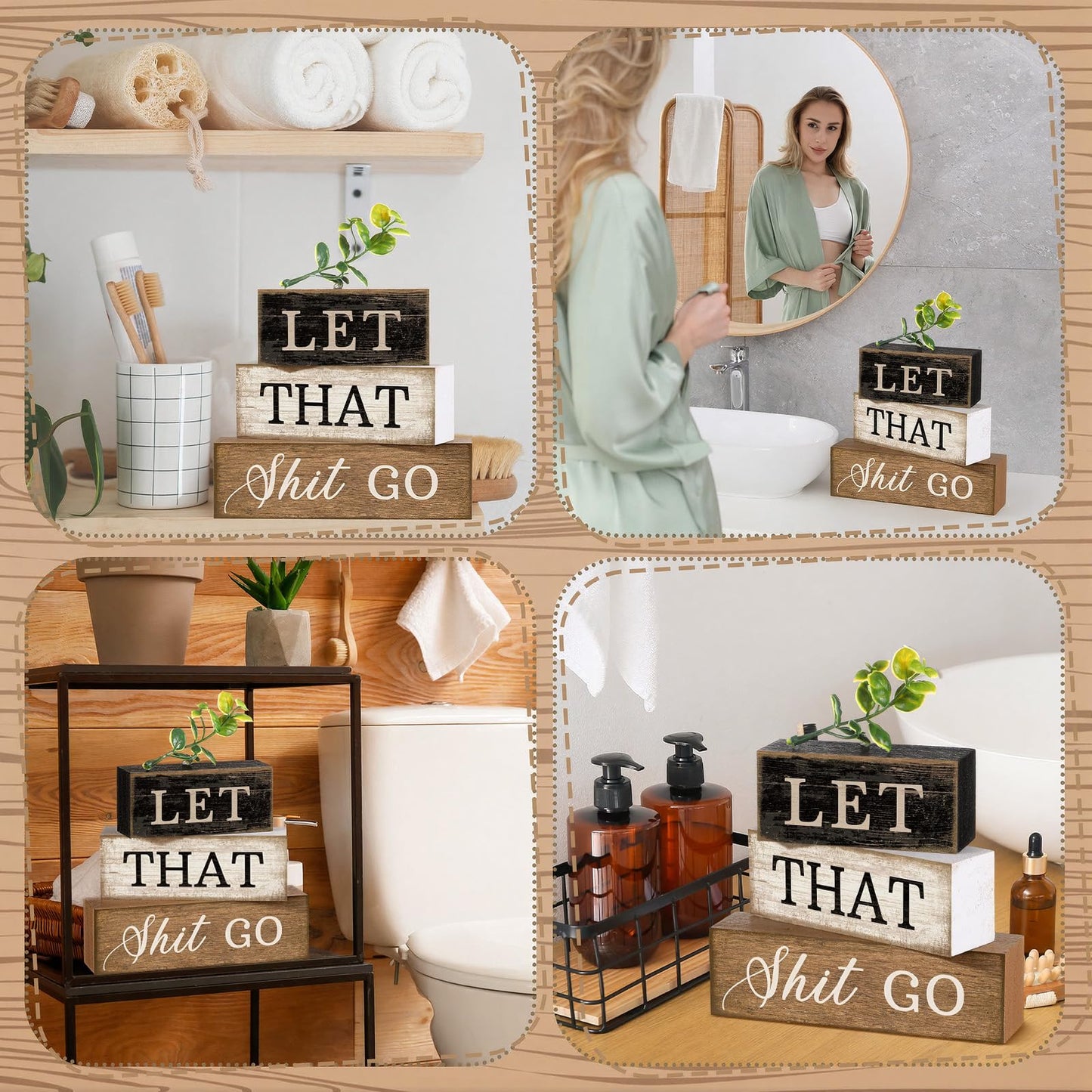 Moucuny 4 Pcs Bathroom Shelf Decor Sign Farmhouse Bathroom Decor and Accessories Rustic Eucalyptus Leaves Wood Block Sign Gift Let That Shit Go Funny Farmhouse Table Centerpiece for Home Office Toilet