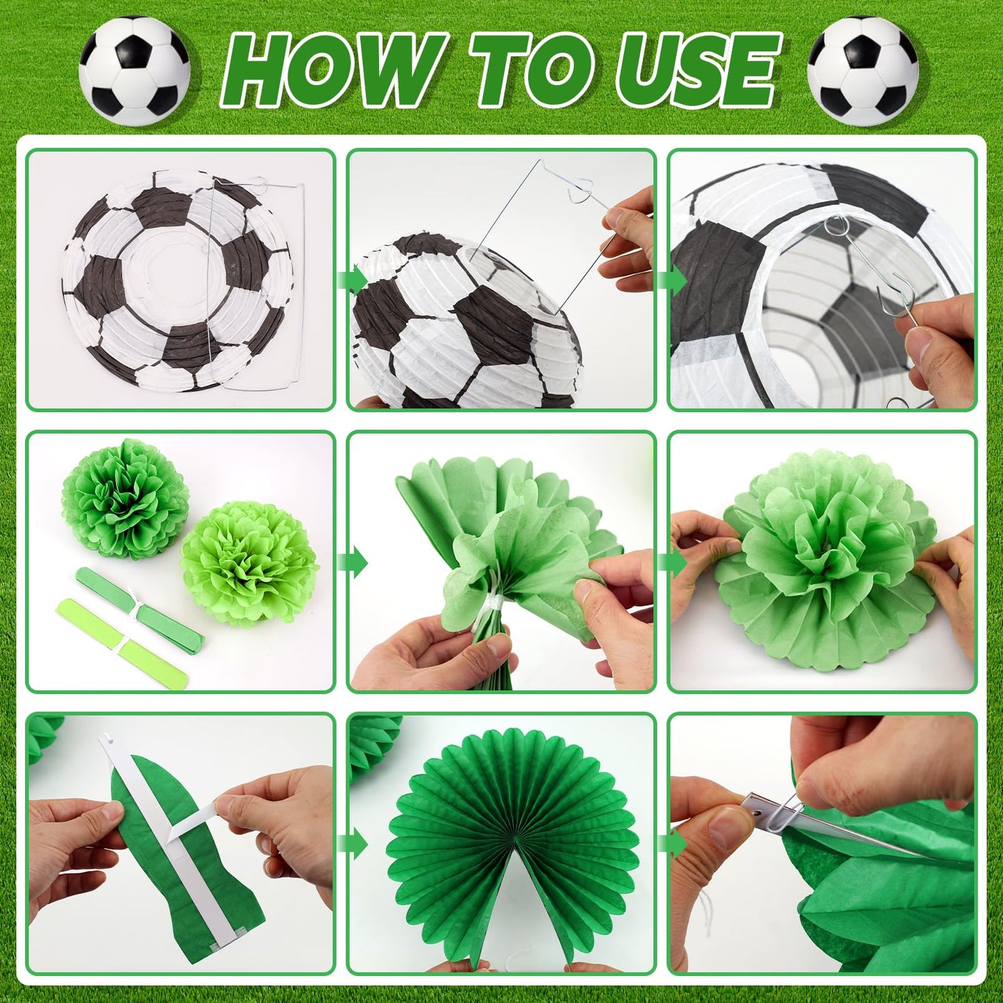 OBBOLO Soccer Birthday Party Decorations, Pre-Strung Soccer Birthday Banners, Including 2 Soccer Ball Paper Lanterns, Green Paper Fans and Pompoms for Boys Birthdays, Sports Party Decorations