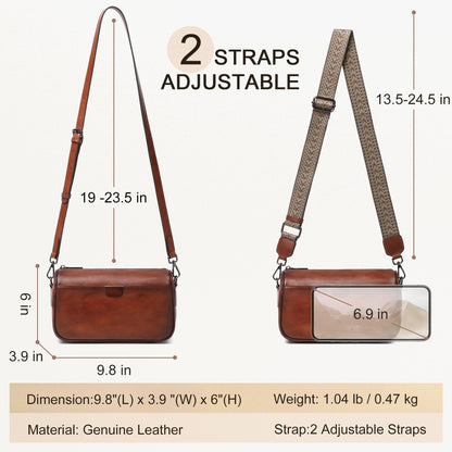 Genuine Leather Crossbody Purses Bag for Women,Travel Casual Handbag Bag, Small Shoulder Cross body Purse with Two Adjustable Straps(Brown)