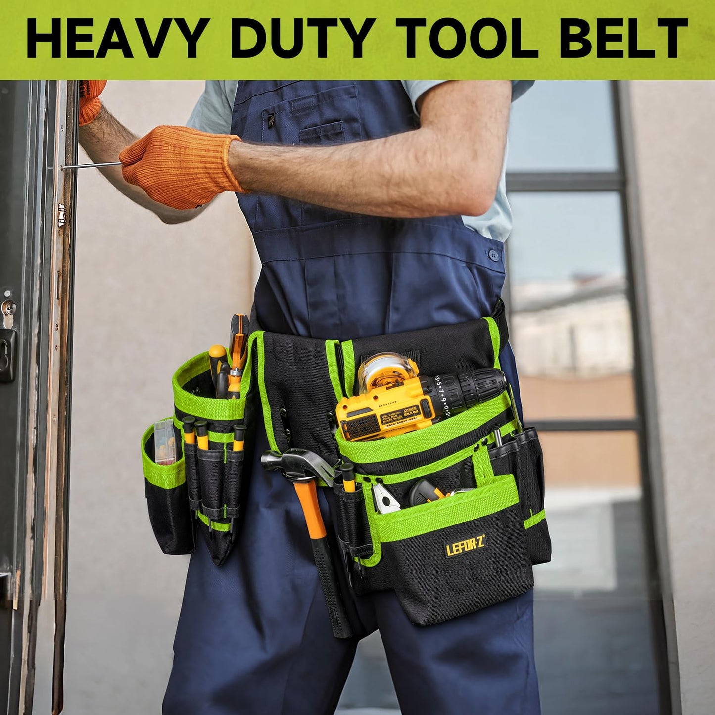 Tool Belt,Magnetic Tool Pouch,27-Pockets Heavy Duty Tool Belts for Men,Detachable Tool Pouch Bag for Electrician,Carpenter,Construction,Work Apron,Utility Belt,Valentines Day Gifts for Men,Black,Green