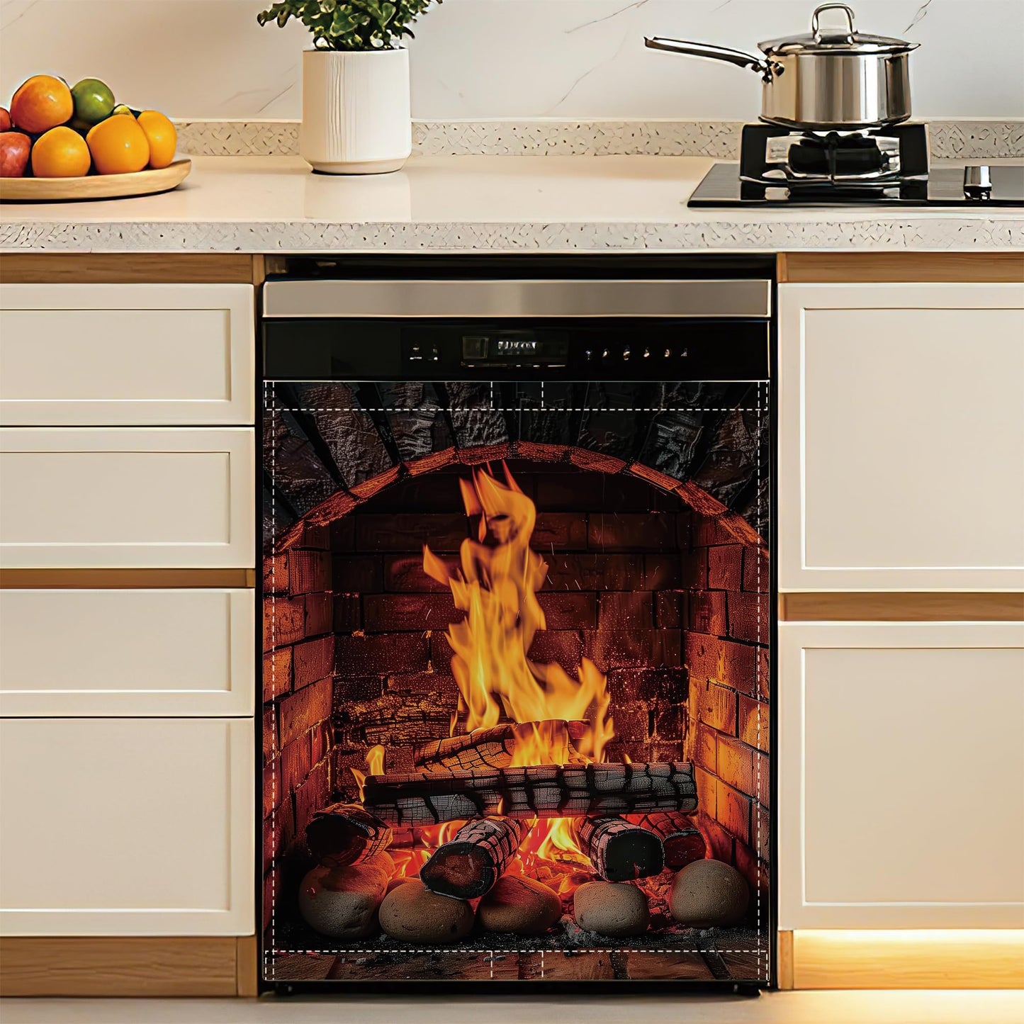 Cozy Fireplace Dishwasher Cover Panel Magnetic,Rustic Warm Home Dishwasher Magnet Decorative Cover for Refrigerator Kitchen Home Decor Reusable Waterproof 23x26 Inch