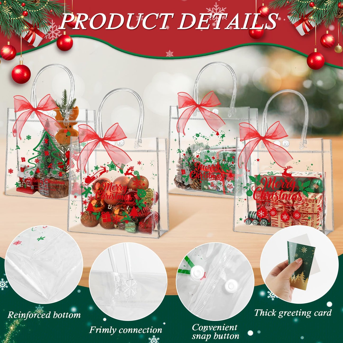 24pcs Christmas Clear Gift Bags with Handles And Ribbon Merry Christmas Greeting Card Set Xmas Transparent Reusable Gift Wrap Bags PVC Candy Goodie Treat Totes for Xmas Winter Holiday Party Favors