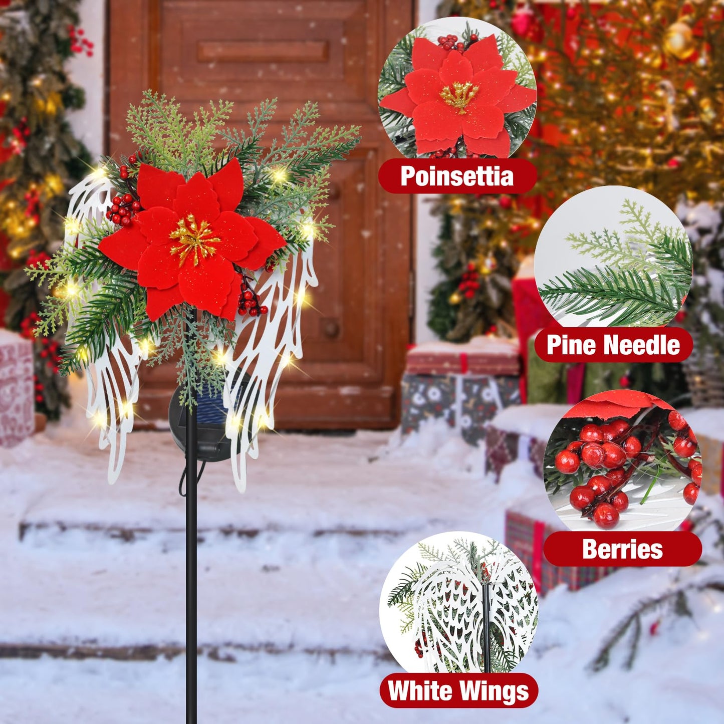 Solar Christmas Lights Outdoor Decorations, Angel Wings Garden Stake Lights Waterproof with Poinsettia Decor for Pathway, Patio, Yard, Lawn