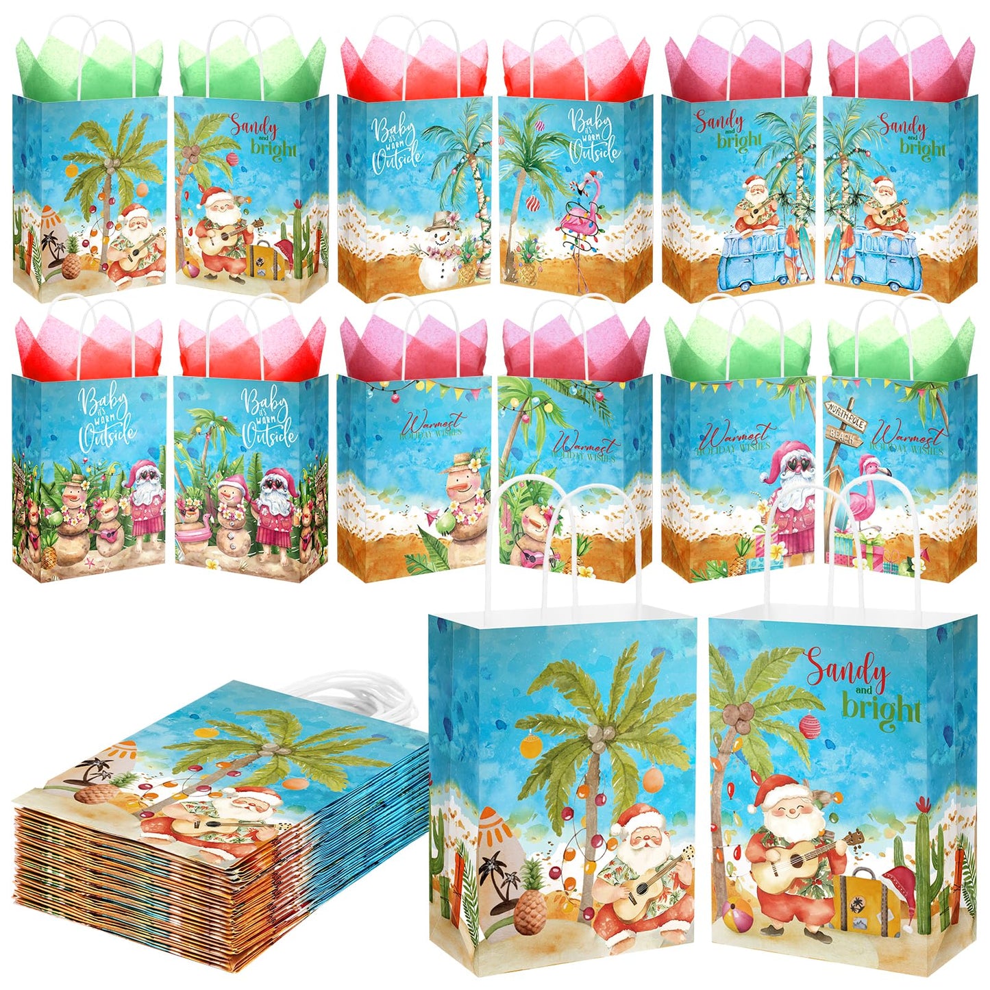 Sinload 24 Sets Summer Christmas Party Gift Bags with Tissue Paper Xmas in July Santa Tropical Goodie Bags with Handle Christmas Treat Tote Hawaiian Flamingo for Beach Pool Birthday Party Decoration