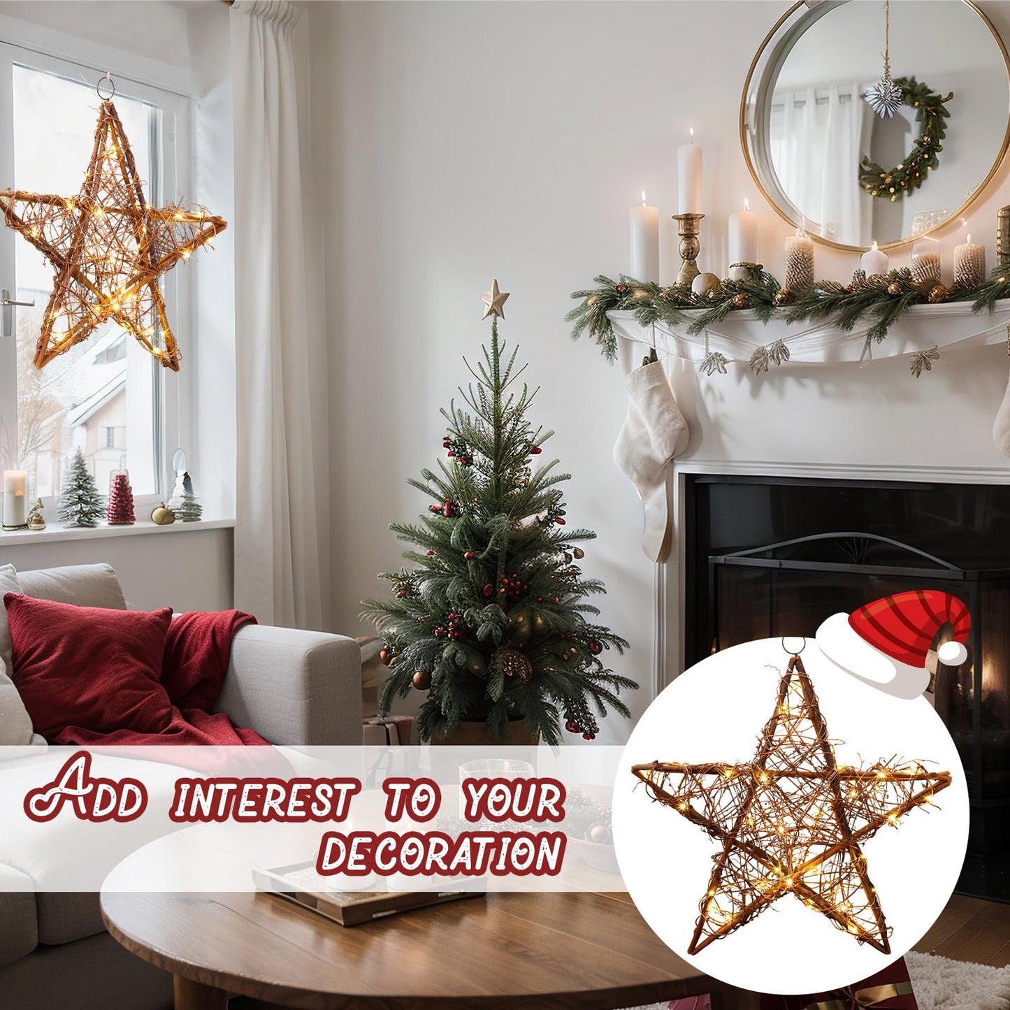 Retisee 24" Extra Large Christmas Star Window Lights Rustic Rattan Hanging Star Lights Battery Operated Rattan Natural Christmas Window Decorations Lamp for Door Porch Home Xmas Tree Outdoor Indoor