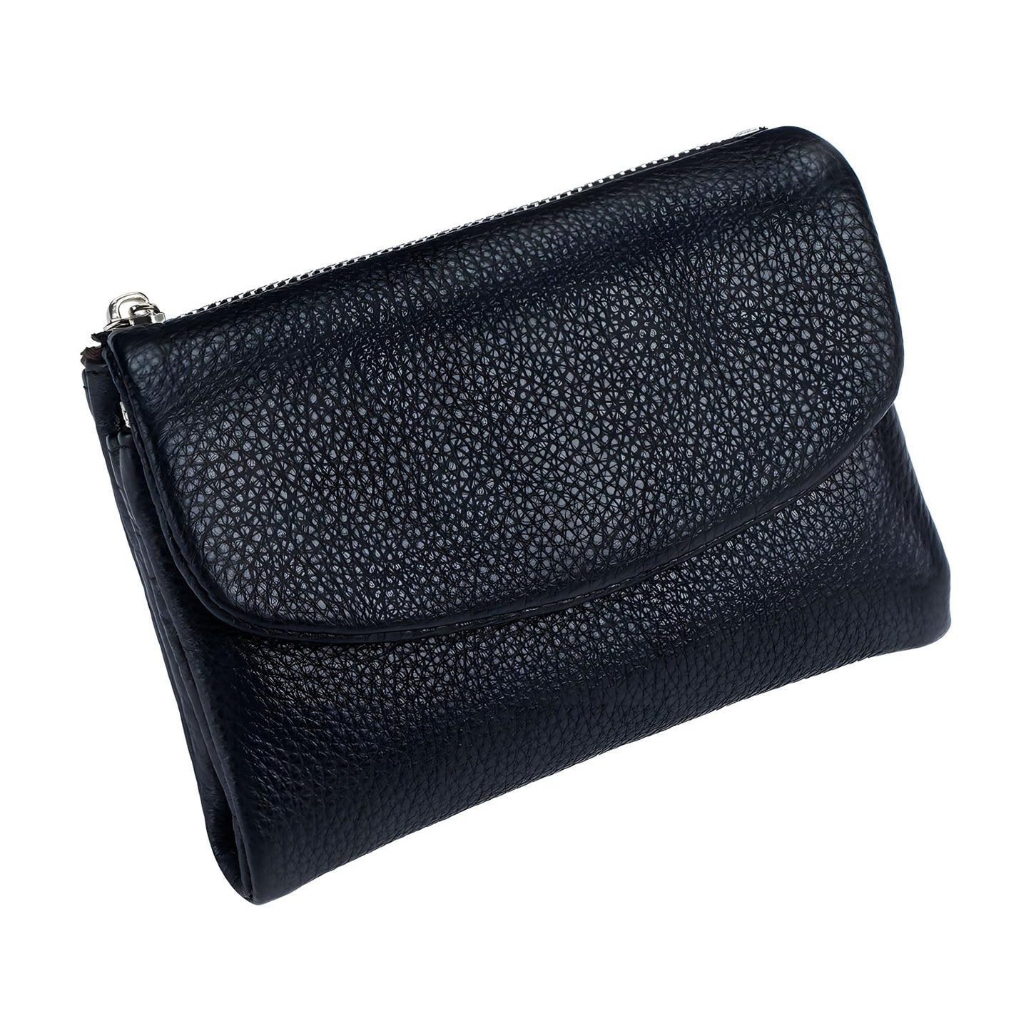 YRounee Genuine Leather Wallet for Women, Slim RFID Clutch with Coin Pocket, Soft Pebble Short Card Holder ID Case 5.3in (Black)
