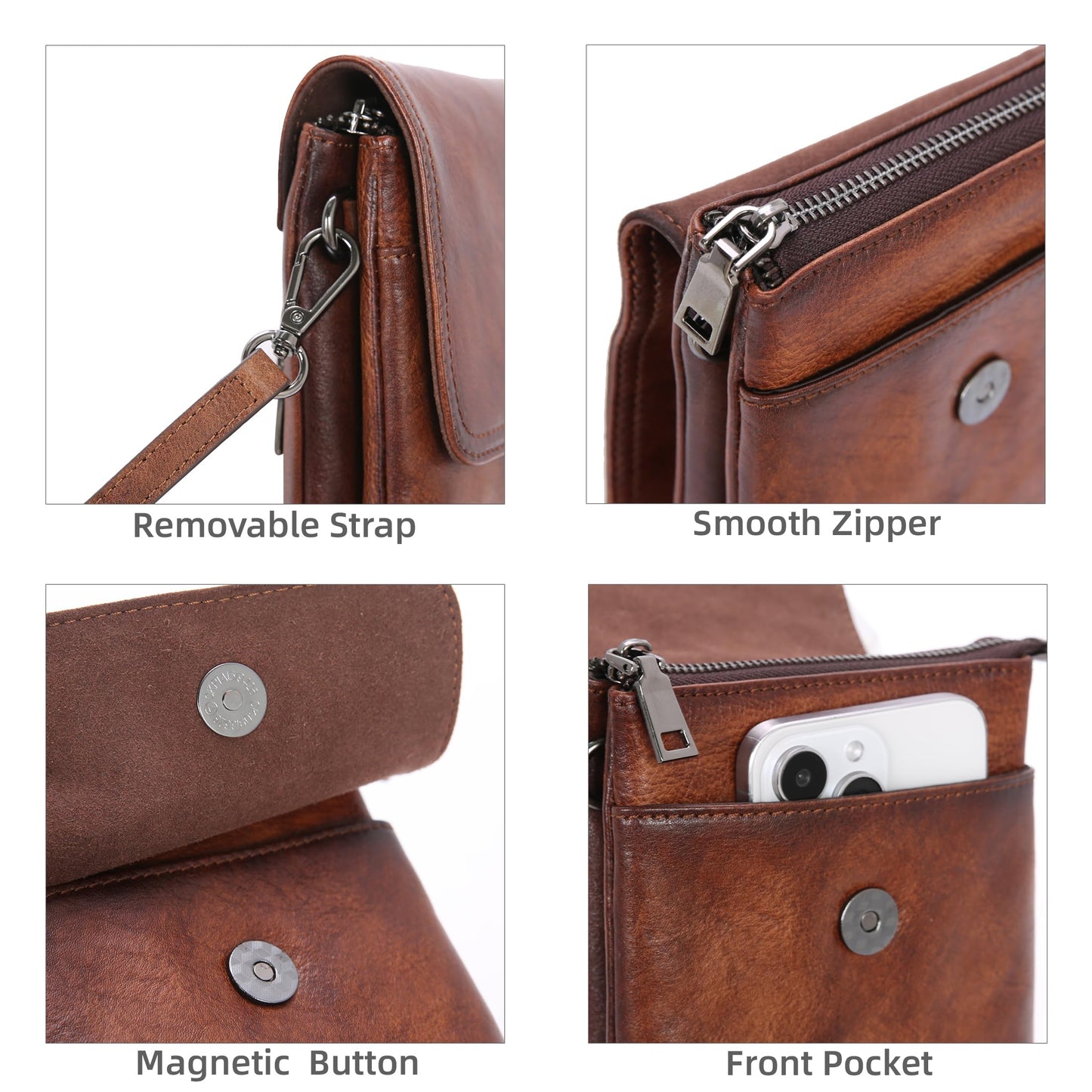 Iswee Genuine Leather Purses Travel Crossbody Bags for Women RFID Anti-Theft Zippered Satchel Bags Cell Phone Bag with Adjustable Strap (Coffee)