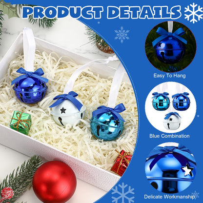 Jenaai 12 Sets Blue Christmas Jingle Bells with Ribbon 2 Inch Large Metal Cutout Craft Bells Blue Hanging Ornaments for Christmas Tree Xmas Decoration Crafts Party Favors Stocking Stuffers
