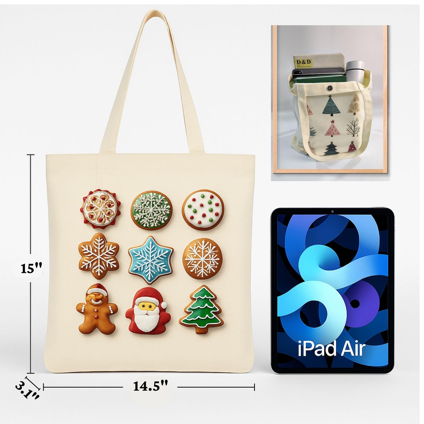 Zenloria Christmas Canvas Tote Bags – 2 Pack Holiday Cotton Totes 15x16, Cookie & Ornament Designs, Reusable Gift & Shopping Bags