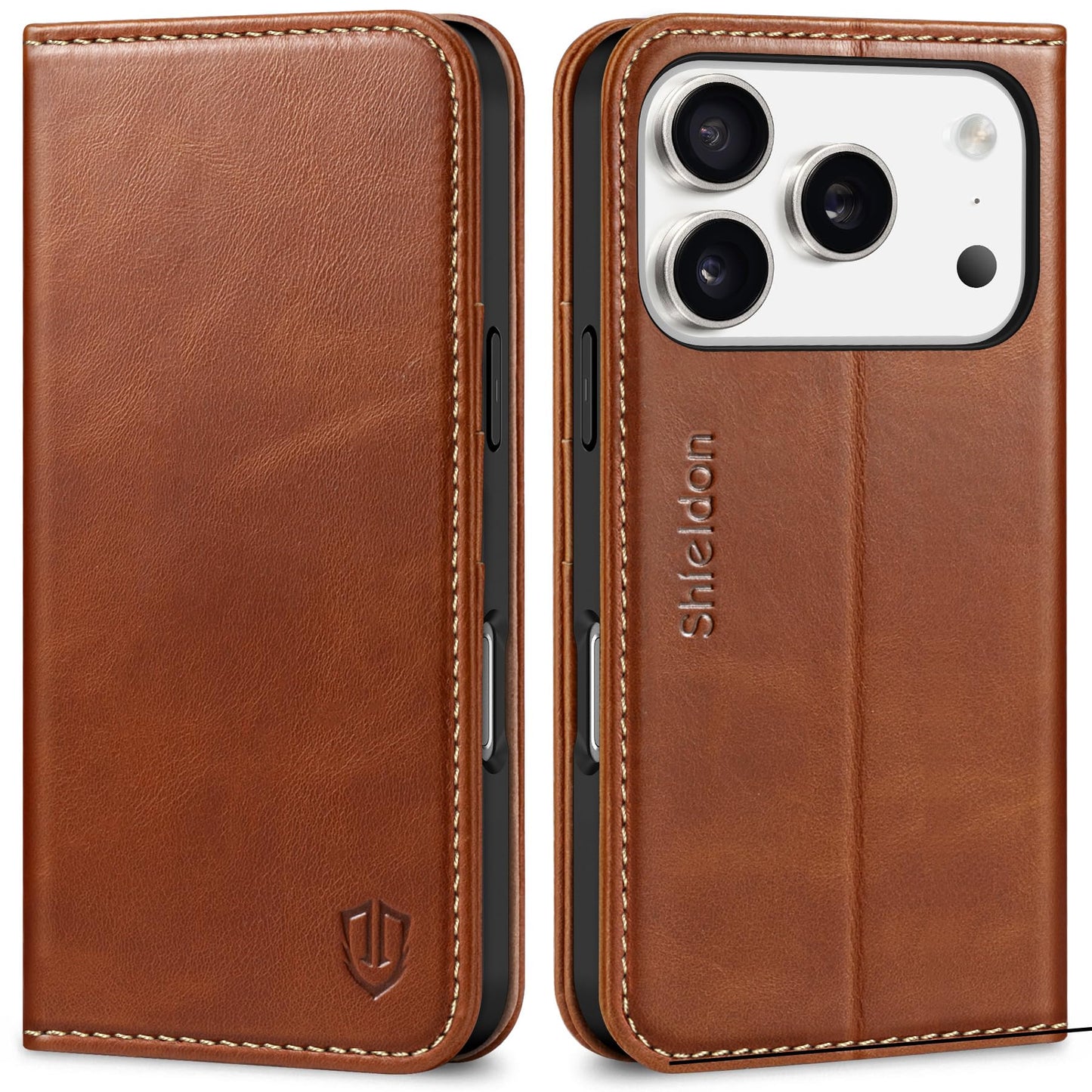 SHIELDON Genuine Leather Wallet Case for iPhone 17 Pro 6.3" 2025 | Flip Cover | Magnetic Closure | RFID Blocking Credit Card Holder | Kickstand | Shockproof Phone Cover | Retro Brown