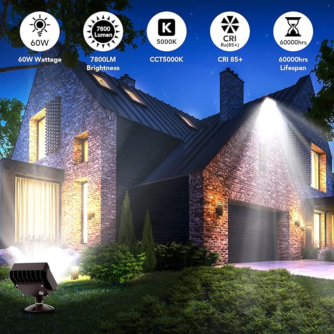 60W LED Flood Light with Knuckle, Outdoor Flood Light Dusk to Dawn Photocell 5000K 7800lm AC100-277V Equivalent 600W, ETL Waterproof Wall Mount LED Security Light for Yard Entrance Garden