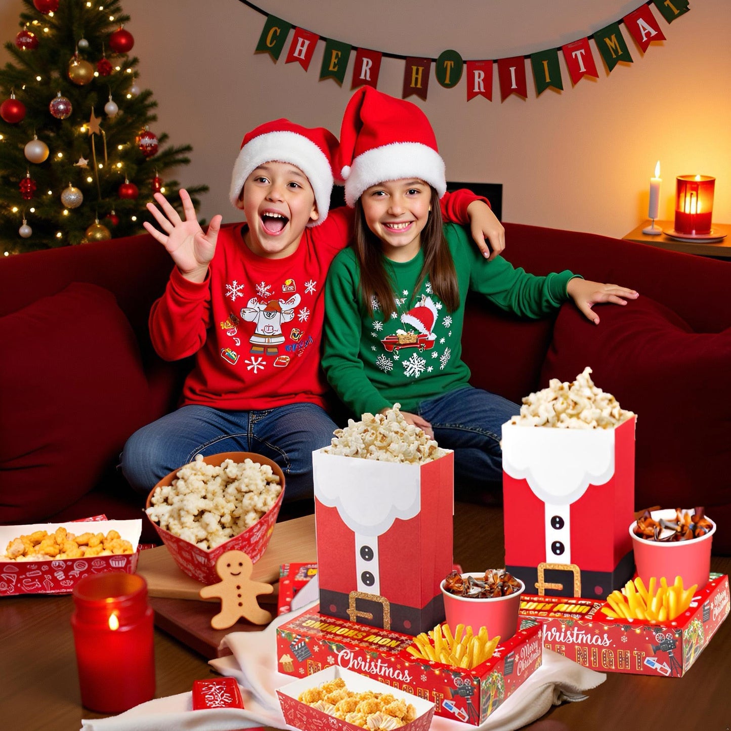 Rzoklot 48PCS Christmas Movie Night Party Supplies – 24 Snack Boxes, 12 Food Trays, 12 Popcorn Bags – Festive Disposable Snack Holders for Holiday Parties, Family Gatherings & Home Theater