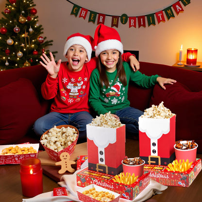 Rzoklot 48PCS Christmas Movie Night Party Supplies – 24 Snack Boxes, 12 Food Trays, 12 Popcorn Bags – Festive Disposable Snack Holders for Holiday Parties, Family Gatherings & Home Theater
