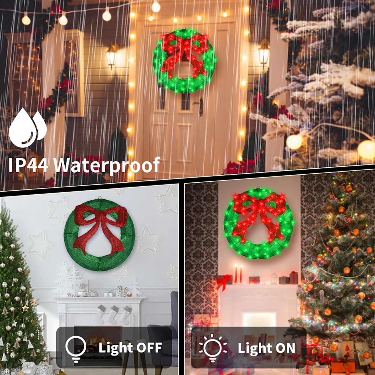 Outdoor Christmas Wreath Decoration - 24" Bright LED Christmas Wreath Lights with Bow, Large Lighted Christmas Wreaths Window Lights for Wall, Windows, Front Door Decor, Red Bow - Green Wreath