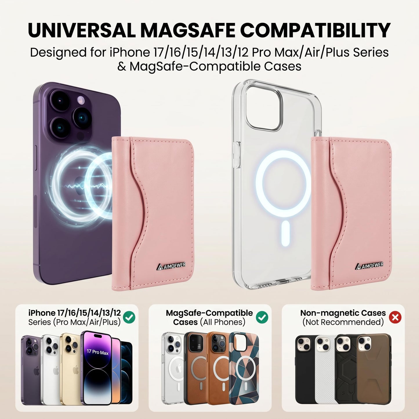 AIMDFWER Magsafe Wallet Women with 7 Credit Card Holders&ID Window, Strong Magnet Minimalist RFID Blocking Sleeves for MagSafe Phones and Cases, Compatible with iPhone 12/13/14/15/16/17 Series(Pink)