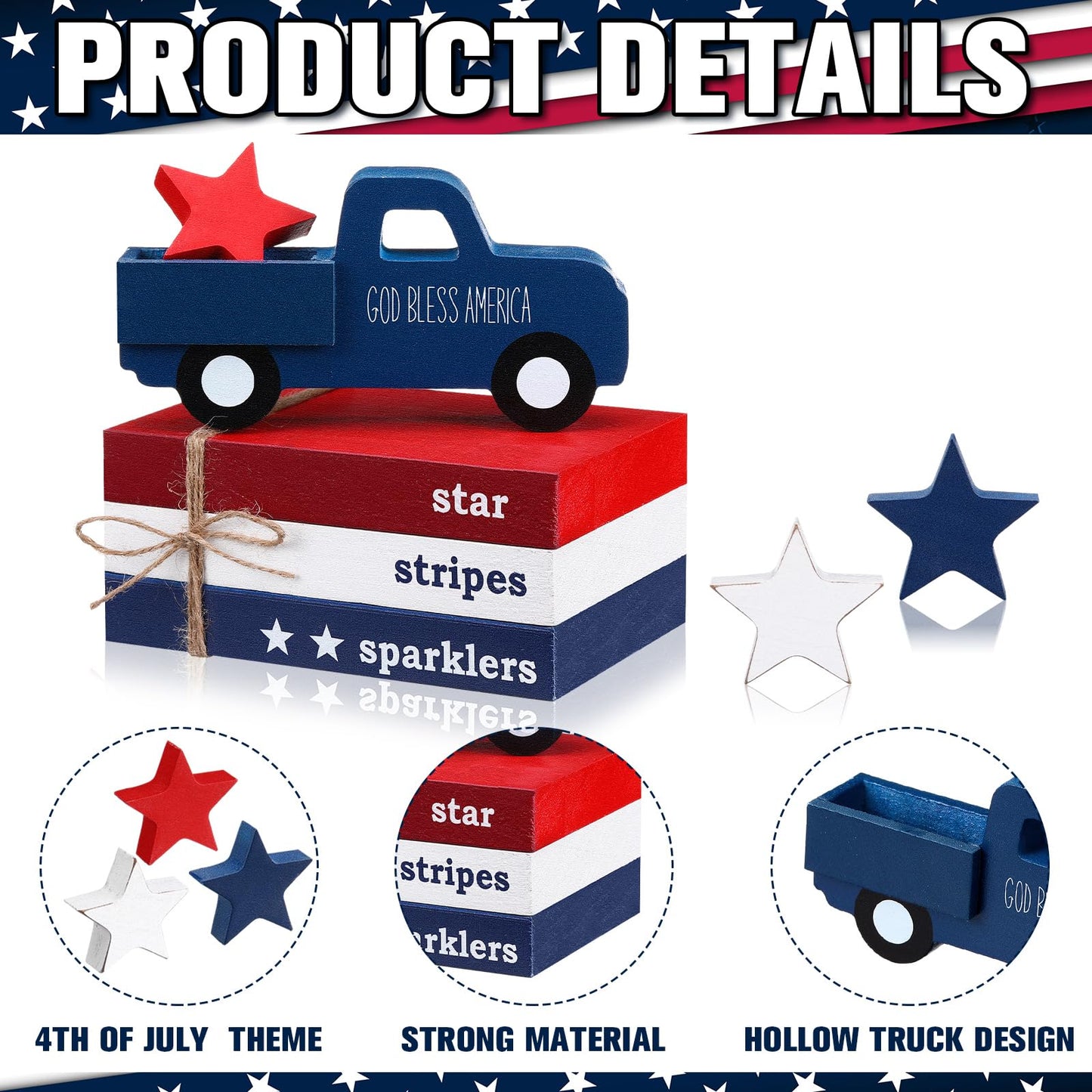 DoubleFill 7 Pcs 4th of July Decoration Patriotic Red White Blue Tiered Tray Decor 250th Anniversary Table Decor Centerpiece American Wood Faux Book Sign for Memorial Veterans Day Rustic Home Shelf