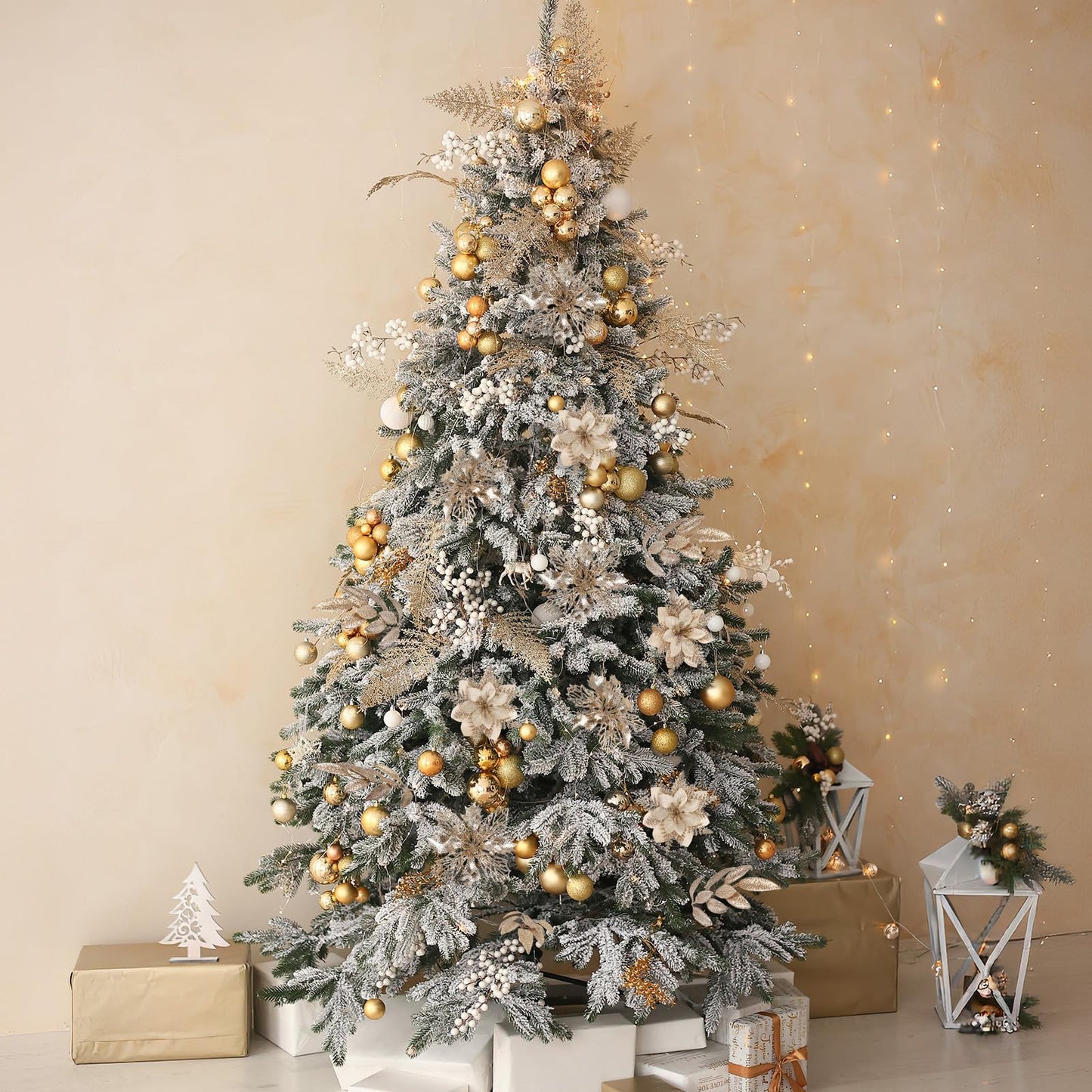 N&T NIETING 30Pcs Champagne Christmas Poinsettia Artificial Flowers & Glitter Berries Leaf Stems Kit Christmas Floral Picks Christmas Tree Garland Wreath Filler Ornaments for Home Party Xmas Decor