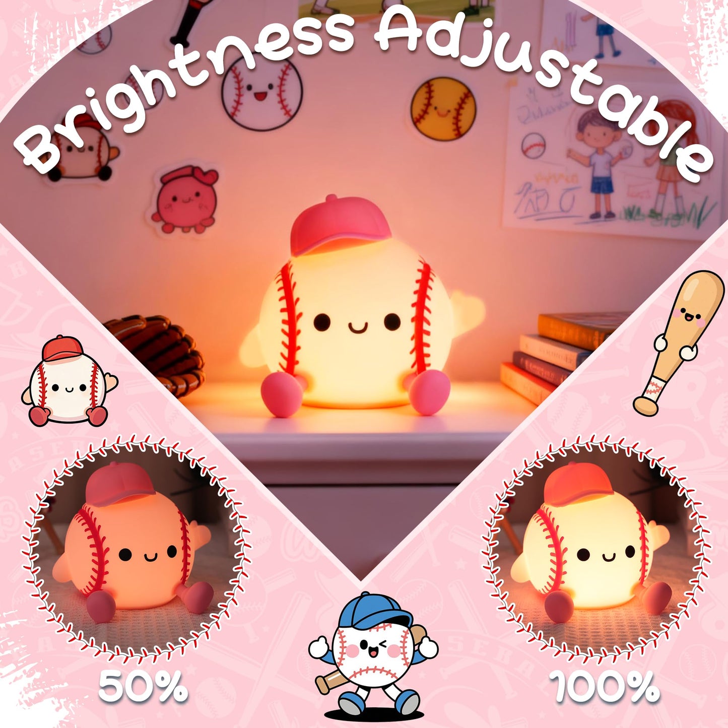 Softball Night Light, Gift for Girls Softball Players, Silicone Rechargeable Nursery Dimmable Baseball Lamp, Soft Touch Sports Themed Nightlight, Cute Room Decor Birthday Gift for Kid Teen Athlete