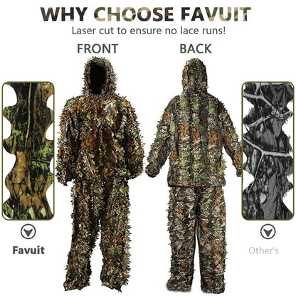 Favuit Ghillie Suit, 3D Leafy Camo Suits Hunting Camouflage Clothing Woodland Ghillie Apparel for Men Turkey Hunting Wildlife