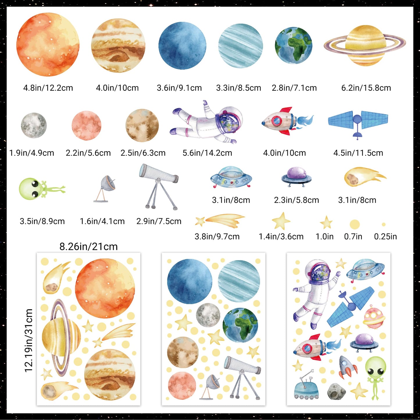 Watercolor Solar System Wall Decals, Glow in The Dark Stars, Kids Planets Sticker for Ceiling, Astronaut Wall Stickers for Bedroom, Blue