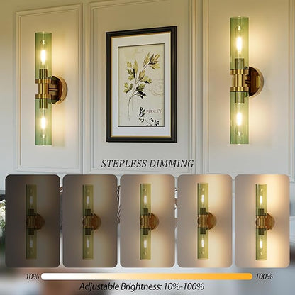 Rechargeable Battery Wall Sconce Set of Two, 8000mAh Cordless, Dimmable, Timer, Remote, Touch Control, USB-C Charging for Living Room, Bedroom Gold with Green Lampshade (Include 4 Special Bulbs)