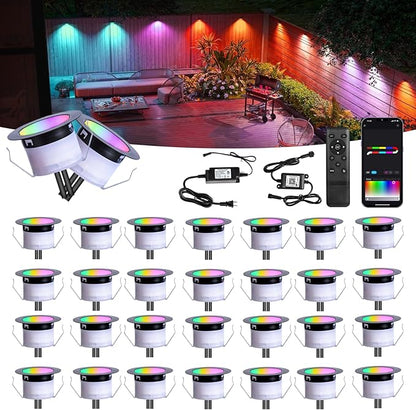 FVTLED Recessed LED Deck Lights Kit, Φ1.77 Low Voltage WiFi Pixel RGBW+IC Deck Lighting Work with Alexa/Google Home, IP67 Waterproof Outdoor Step Lights DC12V for Garden,Steps,Stair(30 Pack, Black)