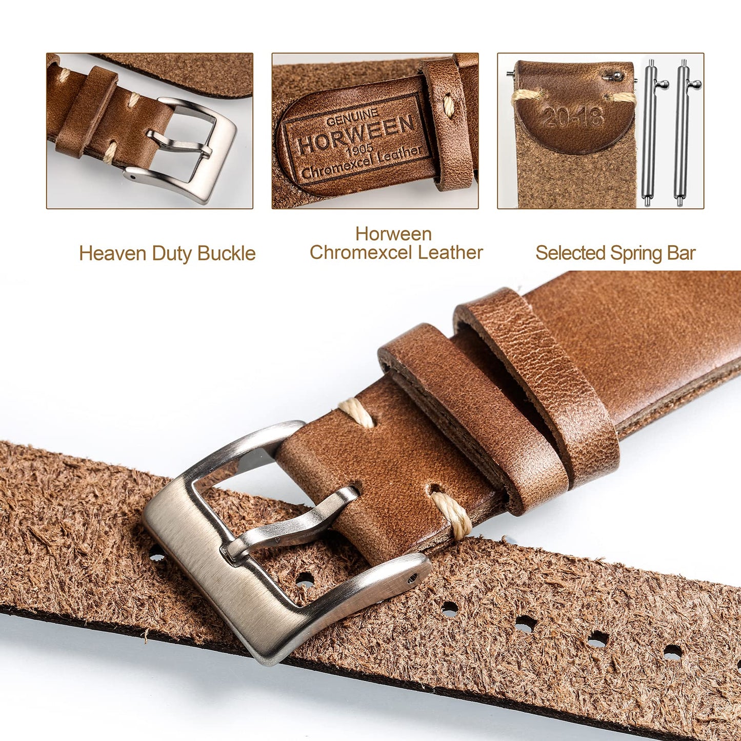 hemsut h 21mm Leather Watch Bands for Men, Thin Soft Horween Leather Watch Strap Quick Release Vintage Watch Wrap