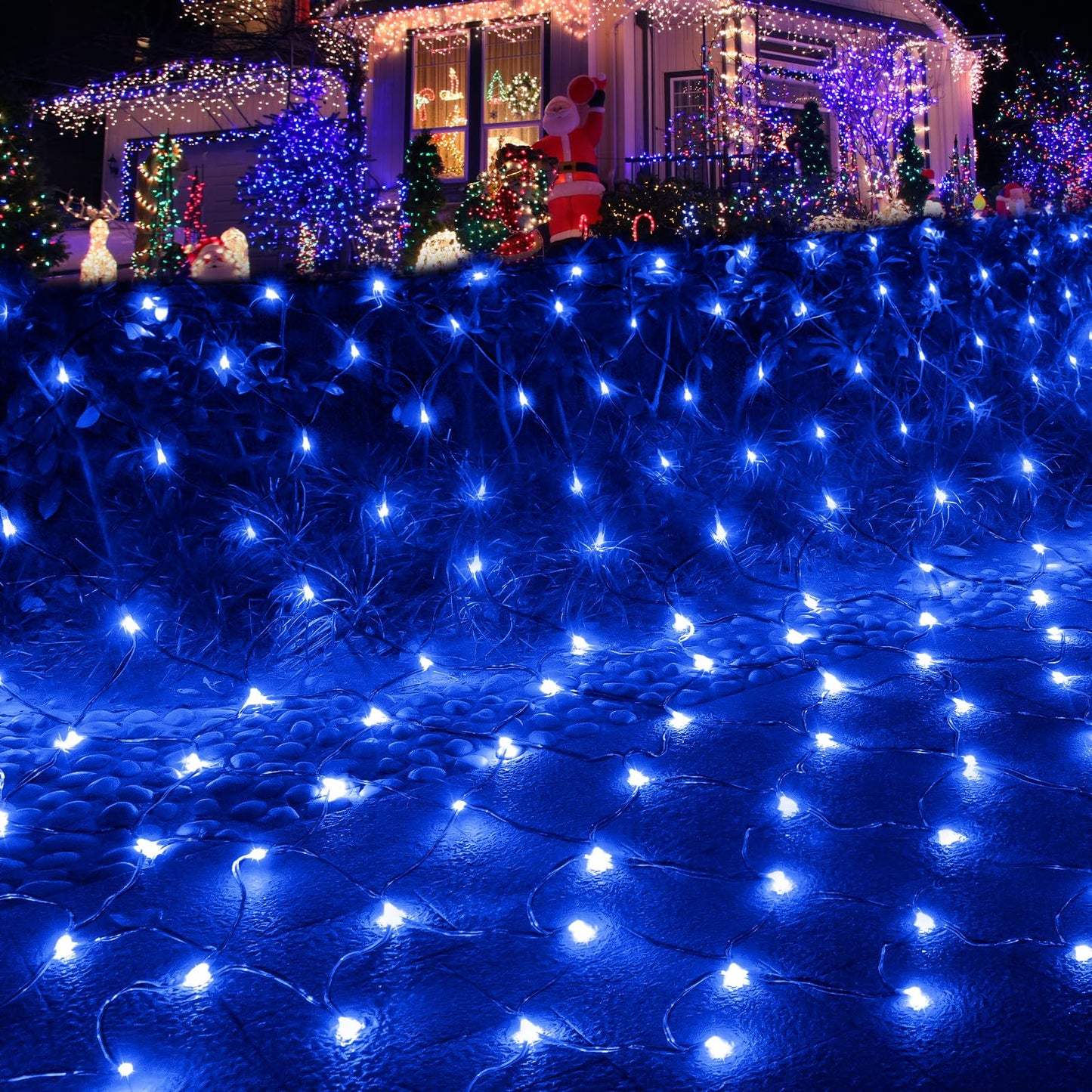 Pooqla Net Lights, 300LED Christmas Outdoor Mesh Light, 14.8x4.9 ft Fairy String Light with 8 Modes Green Wire, Connectable Waterproof for Bushes Tree Garden Christmas Decor, Blue