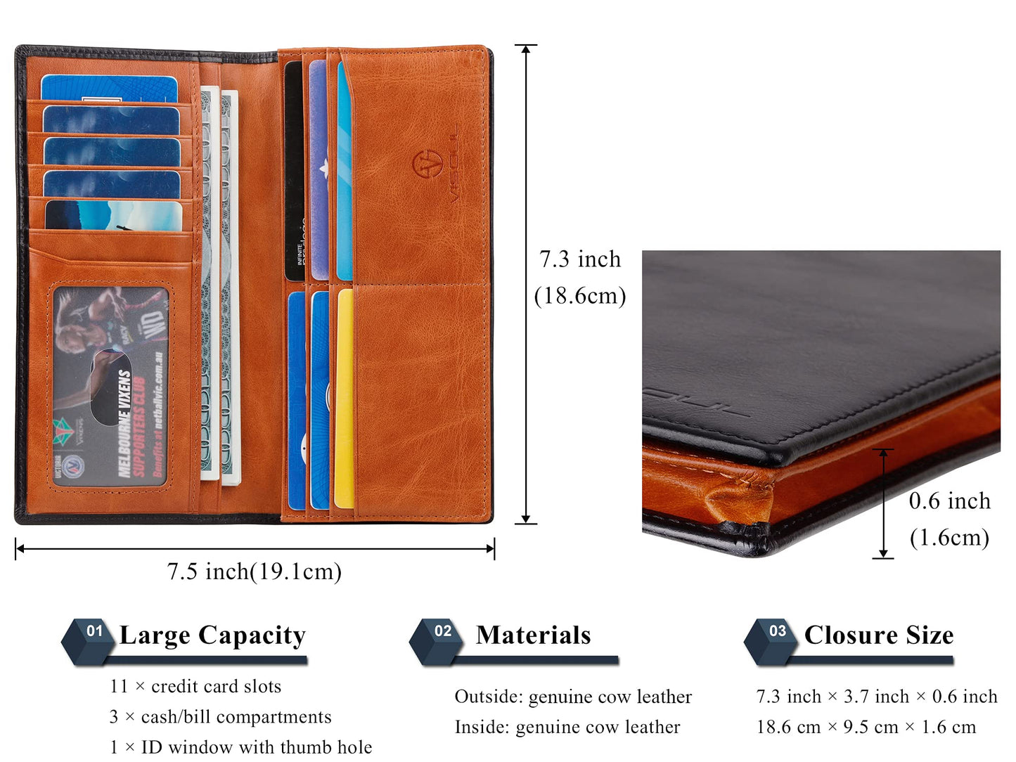 VISOUL Leather Checkbook Cover Wallet for Men with RFID Blocking, Mens Long Bifold Cash Tall Wallet with 11 Credit Card Slots 1 ID Window (Black and Orange)