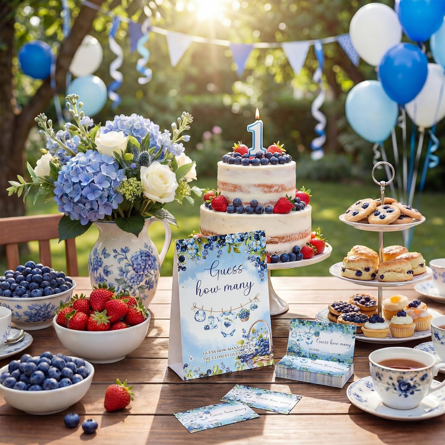 Lerheedi Blueberry Guess How Many Baby Shower Game Pack of 1 Tabletop Sign with Stand and 50 How Many Cards, a Berry Sweet Baby Is on the Way Gender Reveal Party Game Decoration