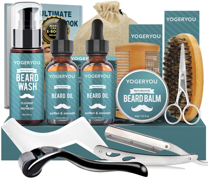 YogerYou Beard Kit,Beard Grooming Kit W/Straight Razor,2 PACK Beard Oil,Beard Wash,Balm,Brush,Comb,Scissors Mens Birthday Christmas Gifts for Men Boyfriend Husband Beard Shaping Shaving Kit