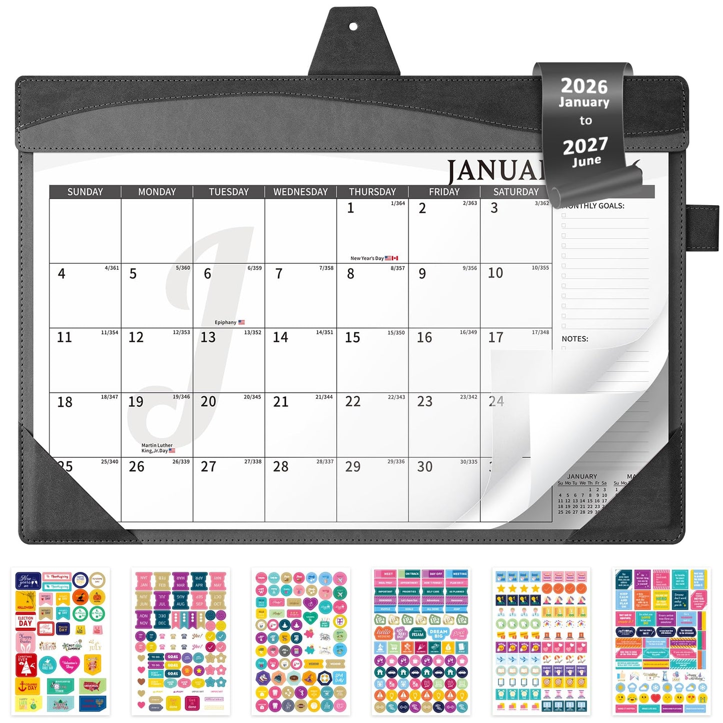 Ospelelf Leather Desk Calendar 2026-2027 with Storage Pocket Protective Cover Large 12"x17" Monthly Planner Pad 18 Months January 2026 - June 2027 Black