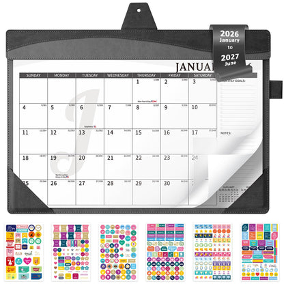 Ospelelf Leather Desk Calendar 2026-2027 with Storage Pocket Protective Cover Large 12"x17" Monthly Planner Pad 18 Months January 2026 - June 2027 Black