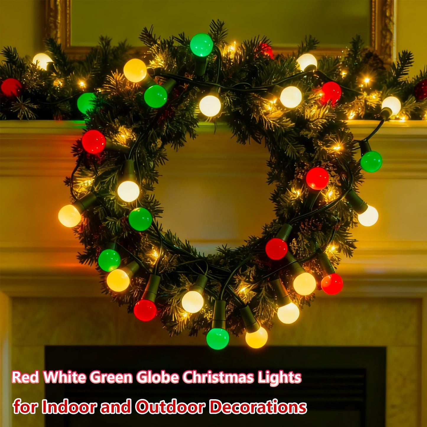 Round Christmas Lights Outdoor 13.5Ft G15 Red Green White Christmas Lights 50 LED Mini Globe String Light Indoor, Shatterproof Connectable & Plug in Xmas Light for Home Wreath Porch Patio Tree Decor