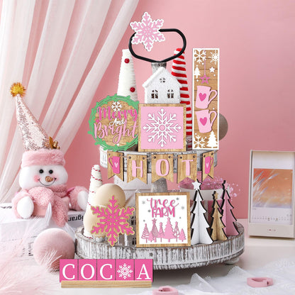 GlikCeil 19 Pcs Pink Christmas Tiered Tray Decor Winter Hot Cocoa Wooden Sign Snowflakes Coffee Table Decoration Rustic Farmhouse Winter Signs for Home Decor Tabletop Shelf Centerpieces