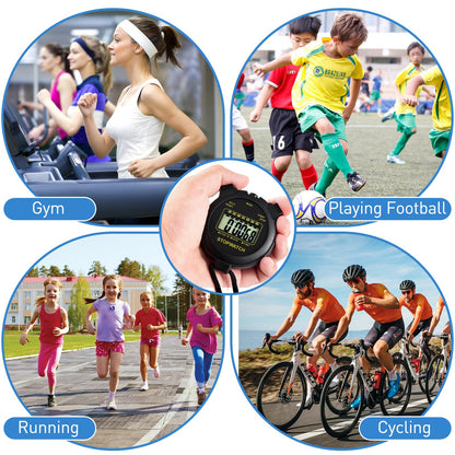Digital Stopwatch Timer Large Display with Clock and Date, No Alarm Function, Simple Stopwatches for Sports Coaches Running Swimming Kids Training-2 Pack Black