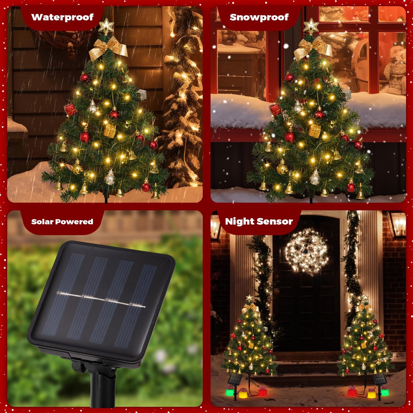2 Pack Solar Mini Christmas Tree Decorations Lights, 30 Inch 8 Flashing Modes Waterproof Xmas Decor, 60 LED Lights with Ornaments 6 Gift Boxes for Yard Garden (2 Pack, Warm White Green Tree)