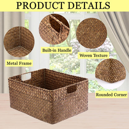 Hipiwe Seagrass Storage Baskets Bin for Shelf Handwoven Wicker Baskets Built-in Handles Rectangular Closet Bedroom Organizer Box Multipurpose Storage Basket Organizer,16.1"L x11.8"W x7.7"H